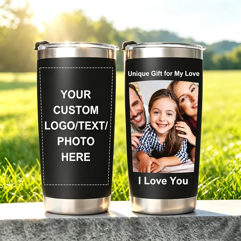 20oz Personalized Coffee Tumbler with Custom Pictures Text, Insulated Stainless Steel Cup, Customized Birthday Gift for Her Him