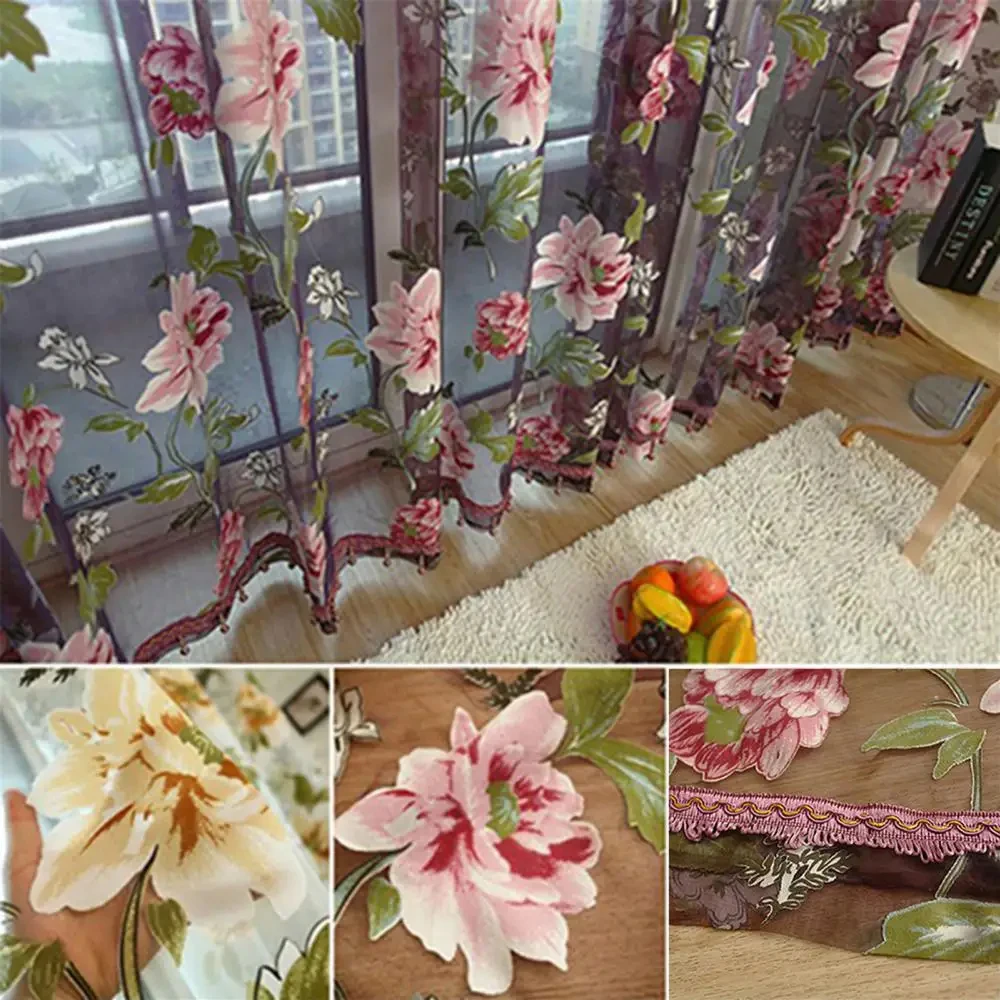 Purple Peony Floral Pattern Sheer Curtain Light Transmission Door Window Curtain Room Divider Valance Decor Rideaux De Fenêtre