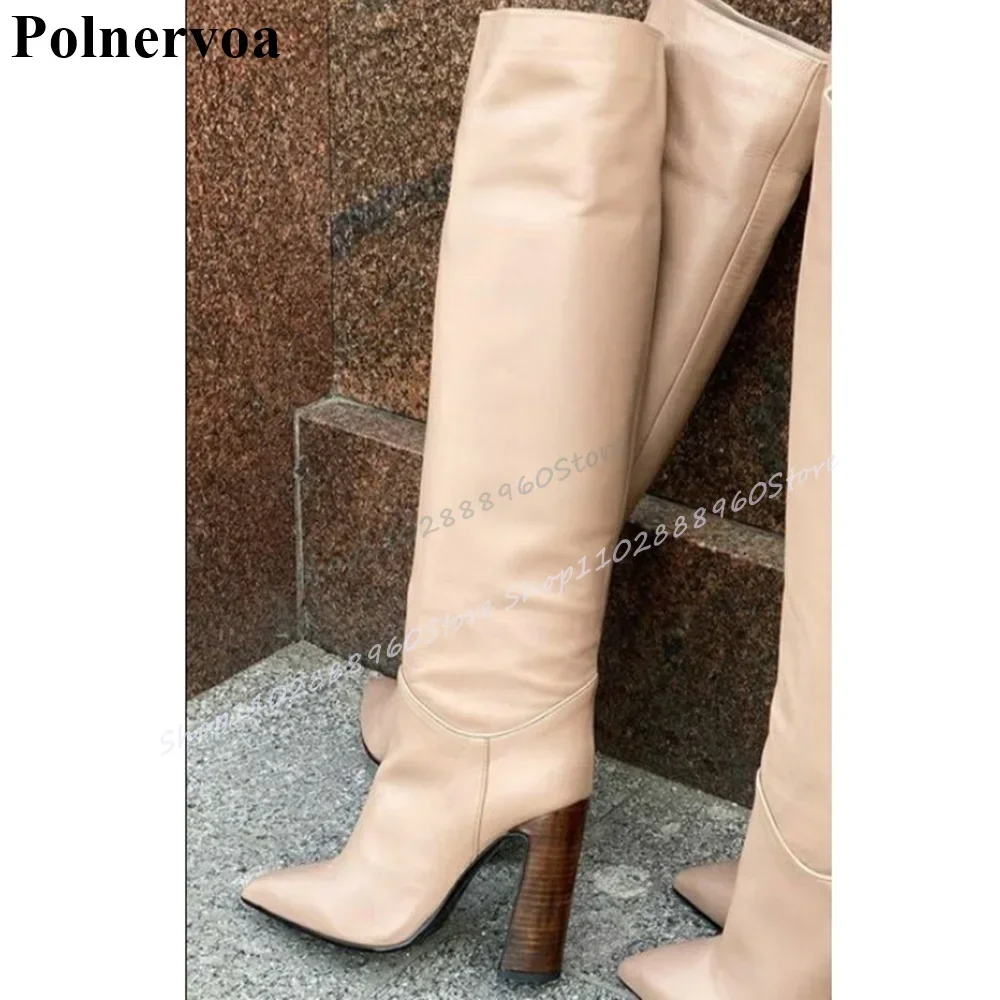 

Trendy Knee High Apricot Matte Leather Slim Boots Chunky High Heel Shoes For Women Side Zipper 2025 Fashion Zapatos Para Mujere