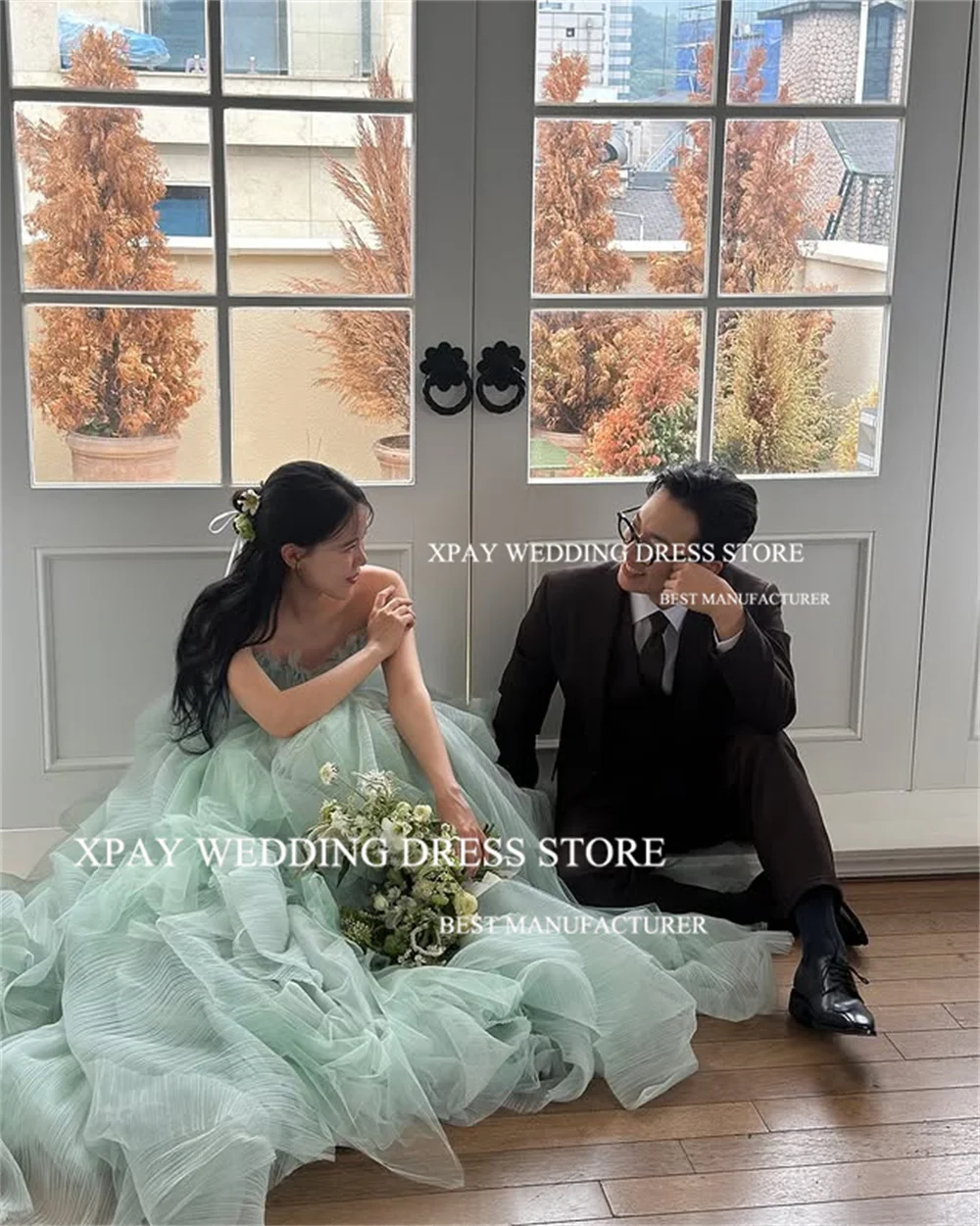 

XPAY Fantastic Mint Green Fairy Tulle Prom Dresses Korea Customised Wedding Photo shoot Strapless Pleat Floor-Length Evening Gow
