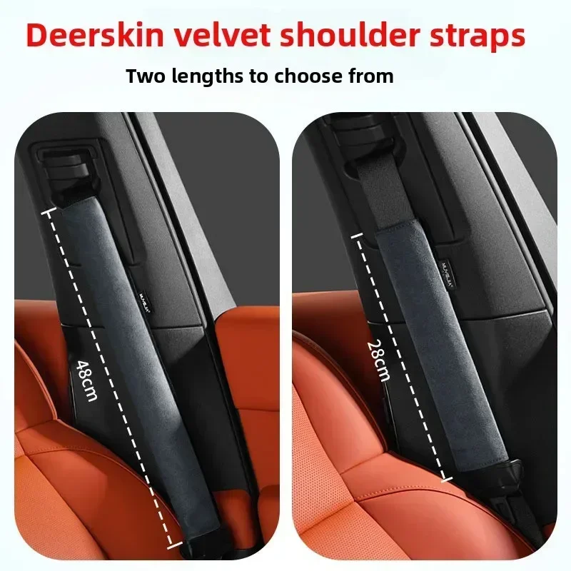 Car seat belt protector suitable for all seasons, made of suede fabric, with a lengthened strap to prevent neck discomfort.