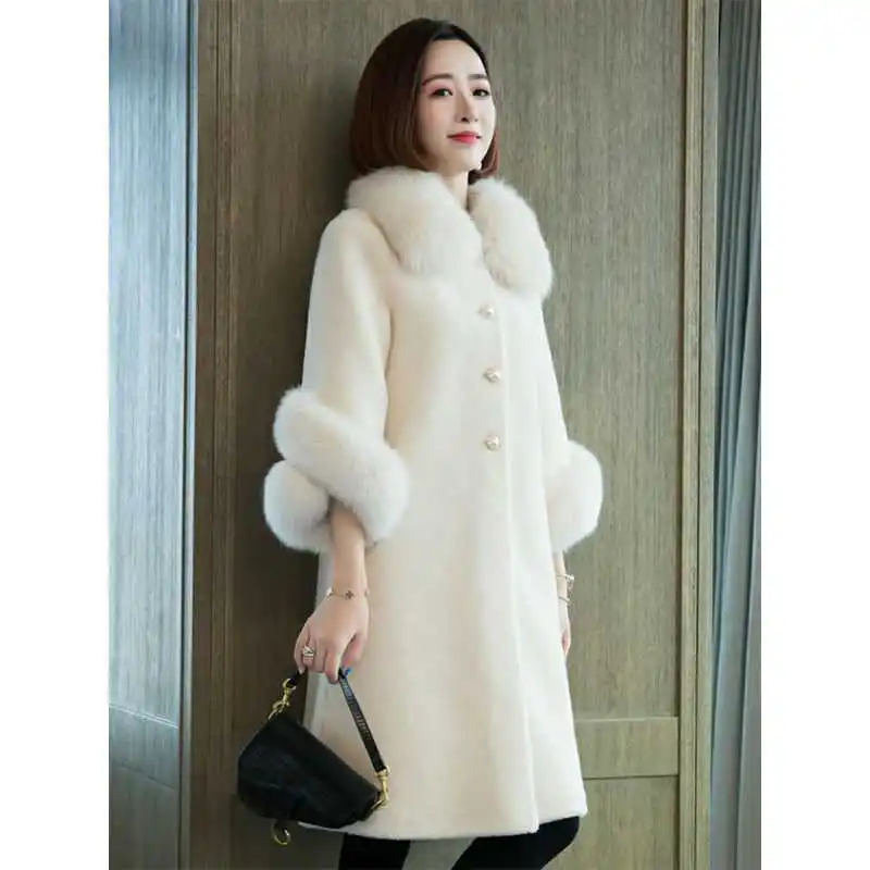 Autumn Luxury fake Fox Fur Collar Women Jacket Real Wool Fur Coats Long Warm Sheep Shearling Winter Coat Jacket