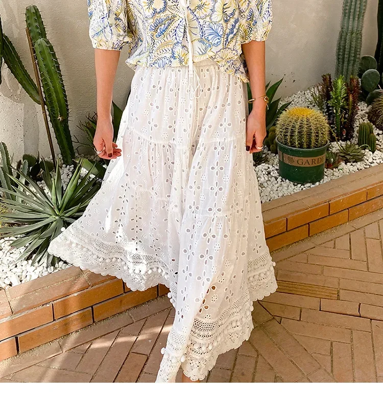 Falda larga con bordado Floral blanco para mujer, faldas informales de algodón para verano, Falda de encaje bohemia de cintura alta elástica Vintage para playa