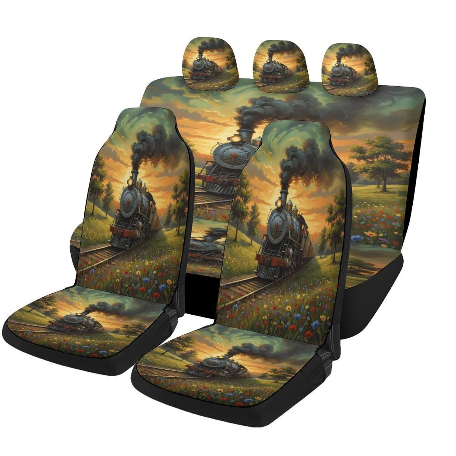 Steam Train Sunset Themed Car Seat Cover Set For Most Cars, Trendy High-quality Car Seat Protector Covers Full Set, Universal Ca