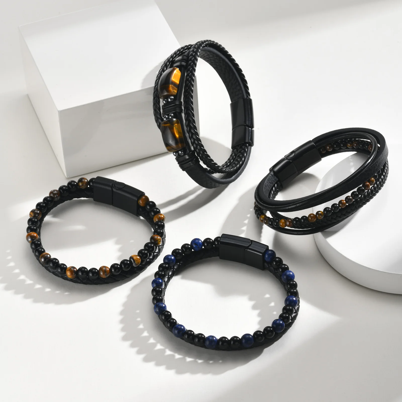 Punk Men Natural Stone Stackable Leather Bracelet,Multilayer Braided PU Wristband with Magnetic Buckle,Punk Casual Jewelry Gift