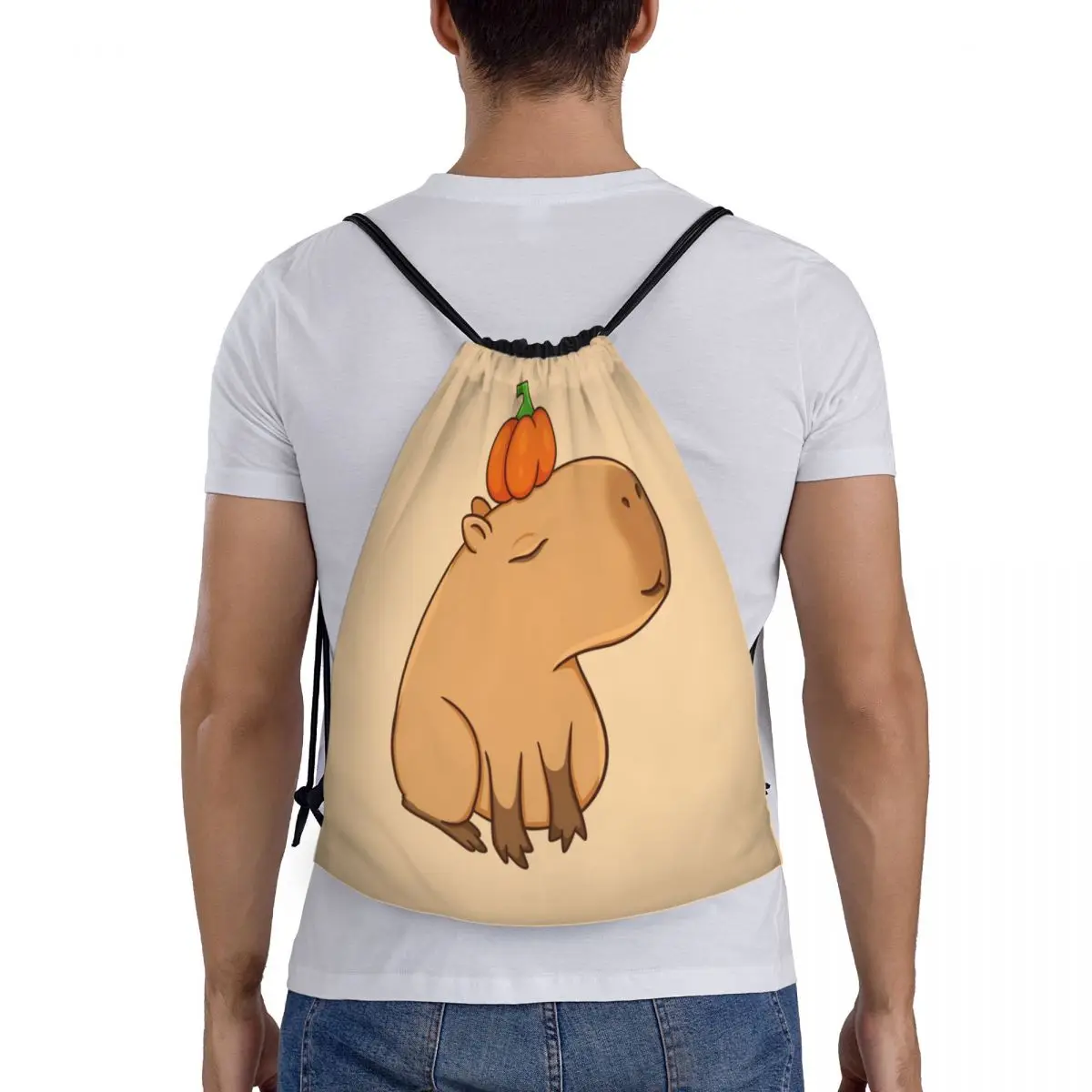 Cute Capybara With Pumpkin Bag Drawstring Backpack Sports Gym Sackpack String Bag for Running