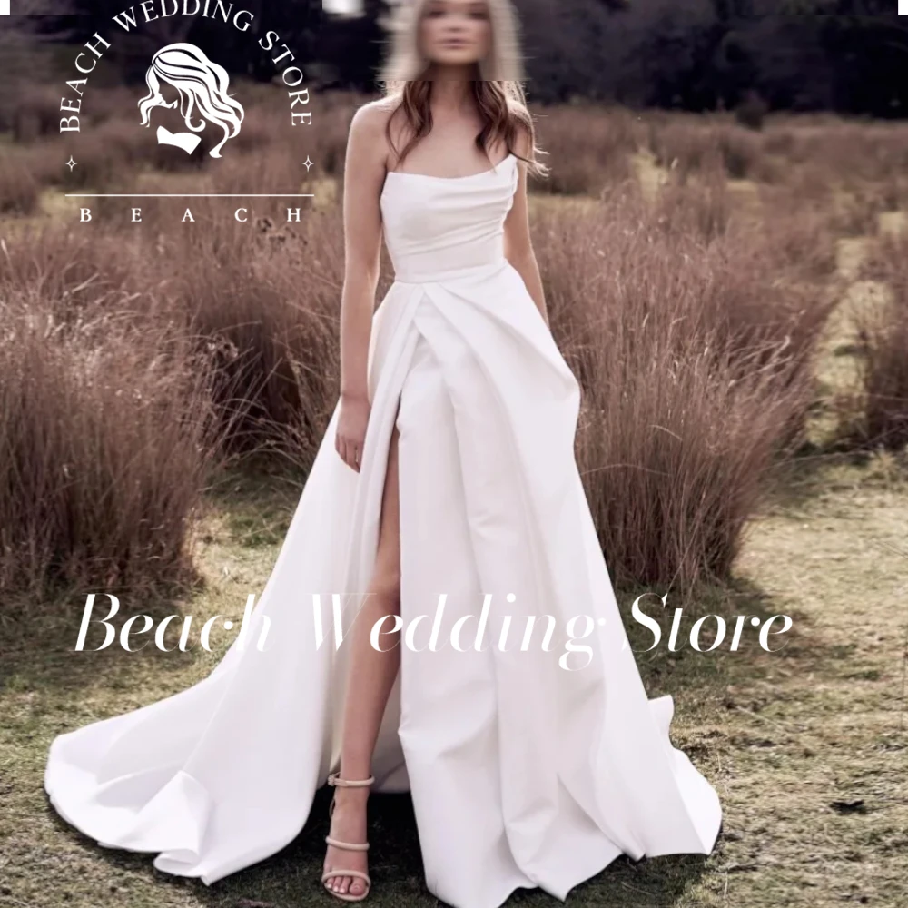 

Beach Customized Sexy A-Line Bridal Gown Strapless High Side Slit Pleated Wedding Dress Chapel Train Women 2024 Vestido De Novia