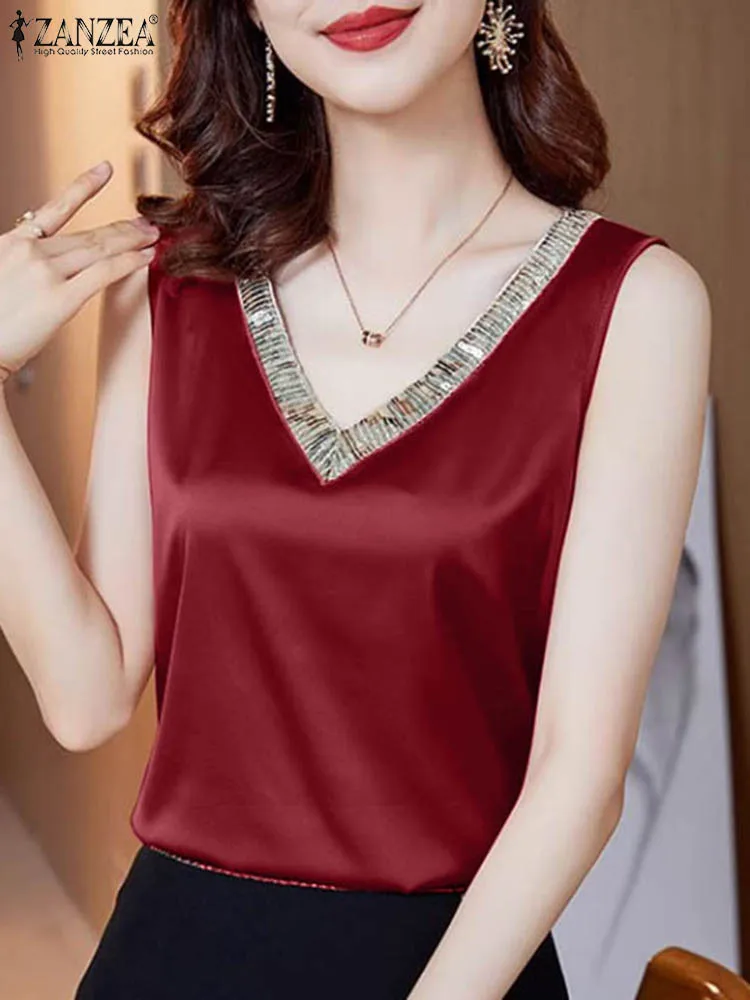 ZANZEA Sequins V-neck Elegant Party Shirts Women 2024 Fashion Summer Sleeveless Satin Blouses Stylish OL Work Solid Color Tops