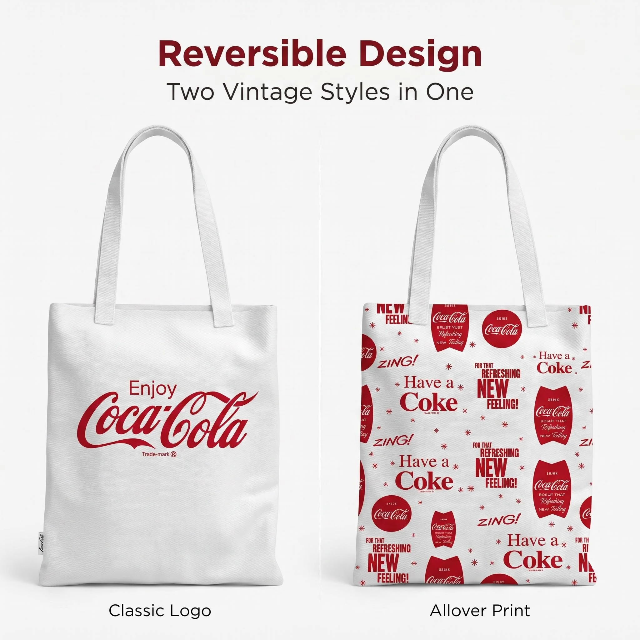 Coca Cola Reversible Canvas Tote Bag Women Vintage Shoulder Shopper Bag Double-Sided Print Large Capacity Casual Handbag Gift