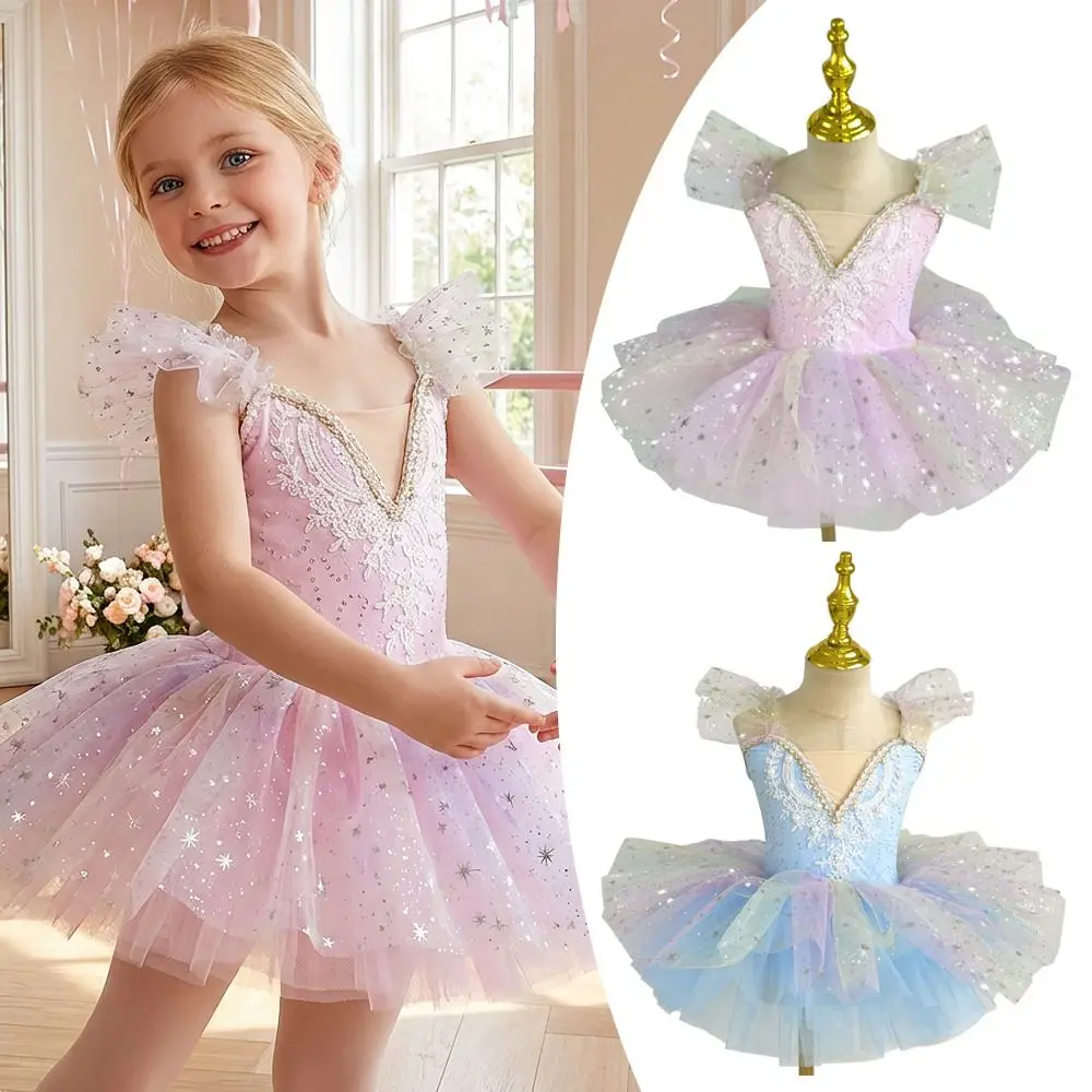Abito da balletto per bambini Abito da balletto per bambini con paillettes alla moda Abiti da spettacolo moderni con perle Abito da festa gonfio Abito da principessa per ragazze per bambini