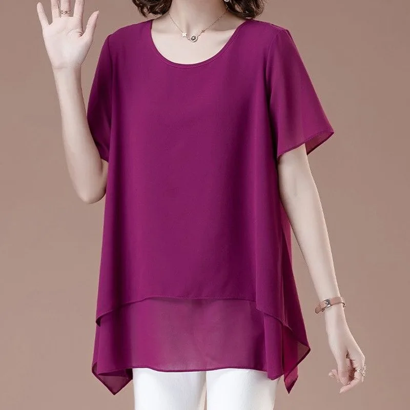 

Новая летняя шифоновая тонкая асимметричная блузка с коротким рукавом, однотонная, свободного кроя, элегантная женская одежда