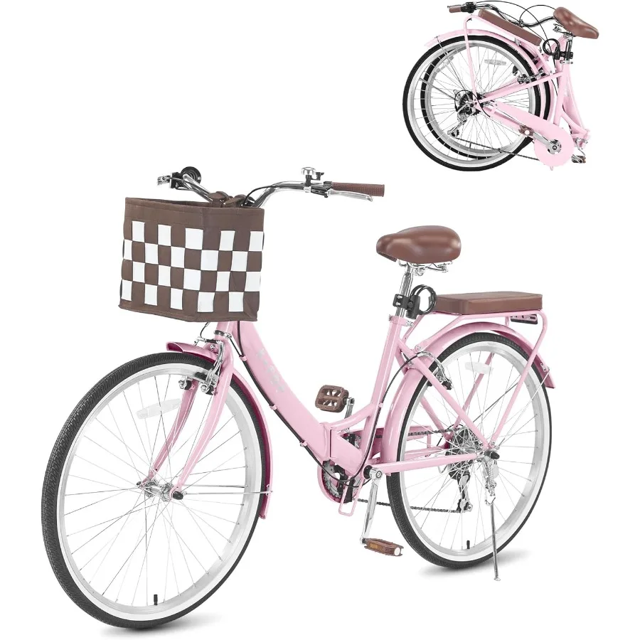 دراجة شاطئ كروزر قابلة للطي مقاس 24 26 بوصة مع نظام تروس 7 سرعات وسلة مدمجة بتصميم إطار من خلال الخطوة لسهولة ركوب الخيل