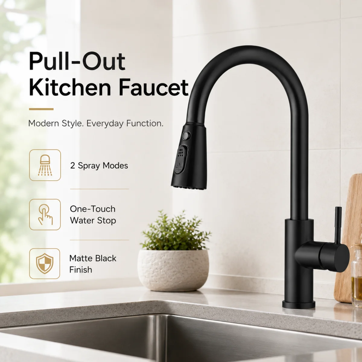 Commercial Kitchen Faucet - Matte Black Kitchen Faucet with Pull-Down