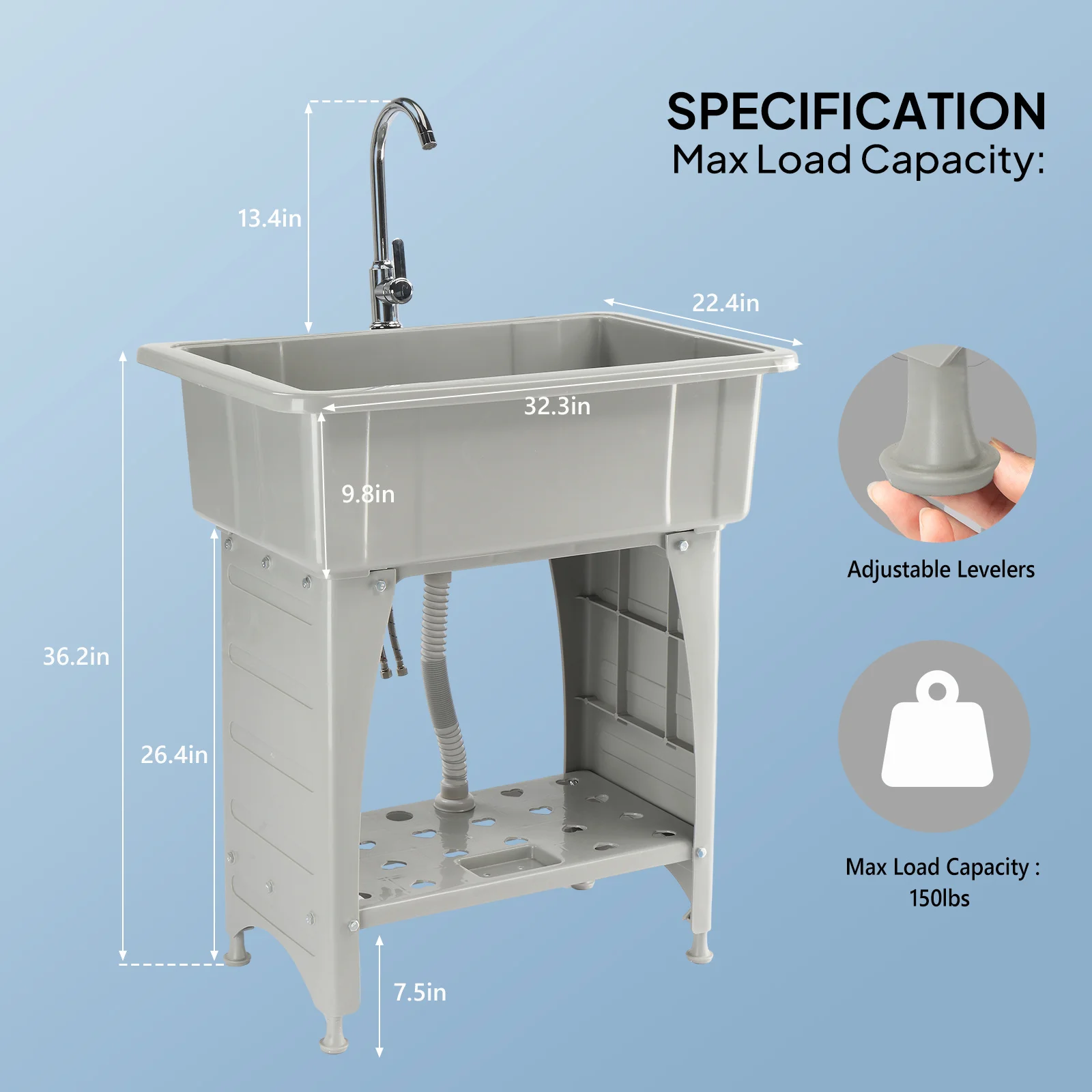 

20-Gallon Commercial Utility Sink - Freestanding Laundry Tub with Stainless Steel Faucet, Heavy-Duty for Washing Room, Garage, Basement (22.4" x 32.3" x 49.6", White)