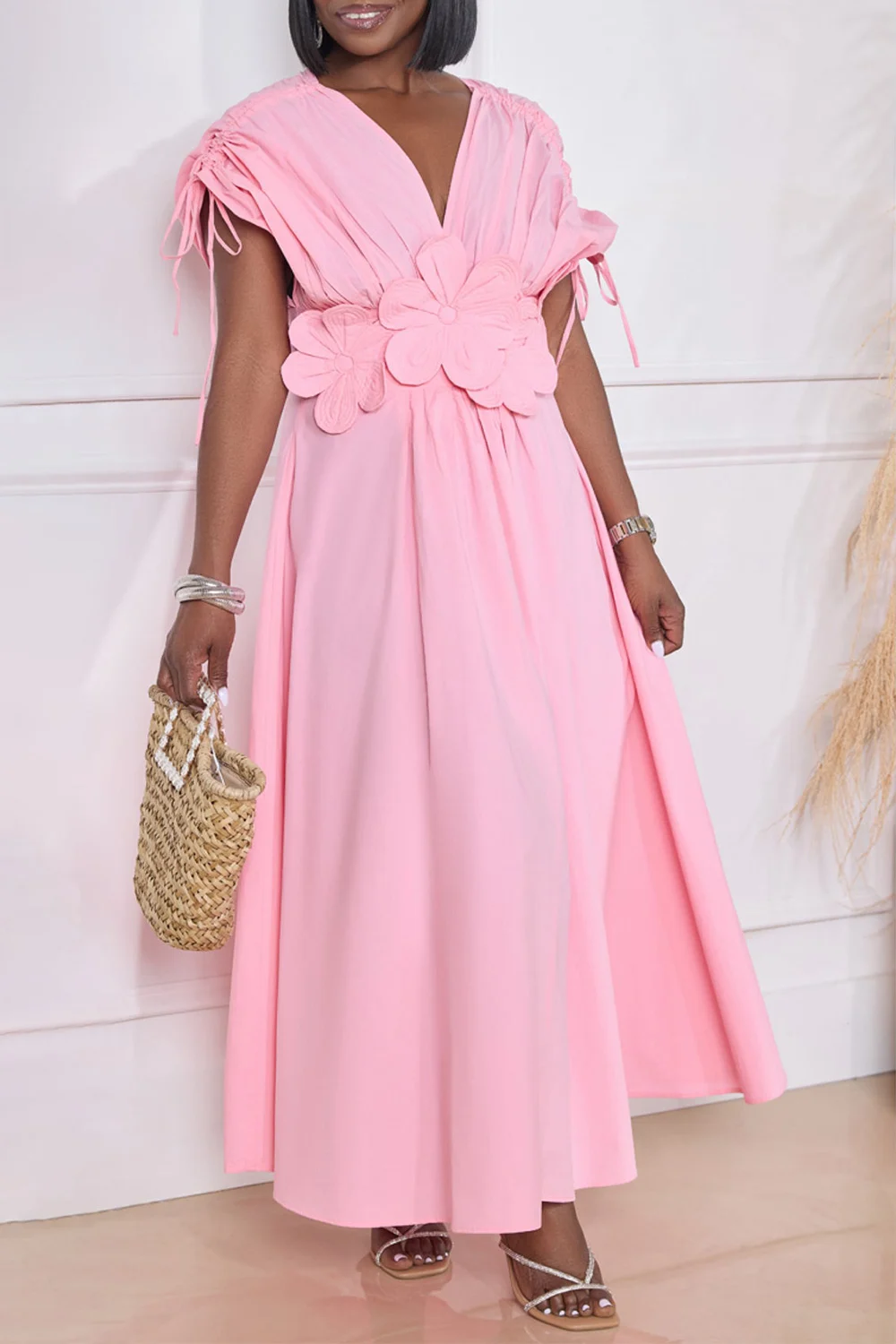 

Plus Size Daily Pink Sundress V Neck 3D Floral Ruched Maxi Dresses