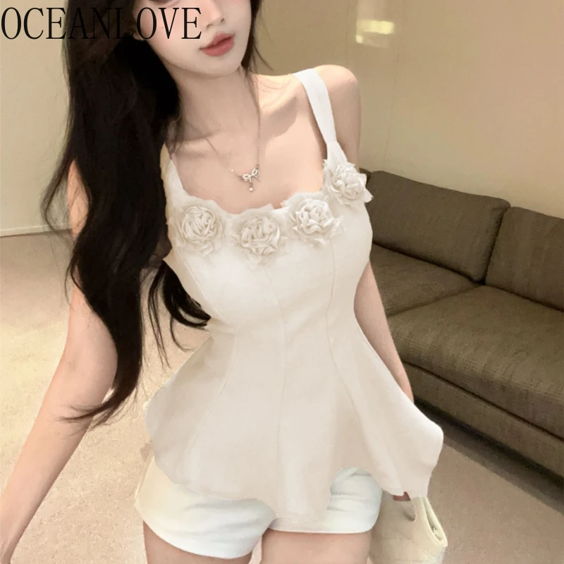 

OCEANLOVE Short T Short for Women 3D Flowers Vintage Sexy Ropa De Mujer Spring Summer Sweet Korean Fashion Tank Tops