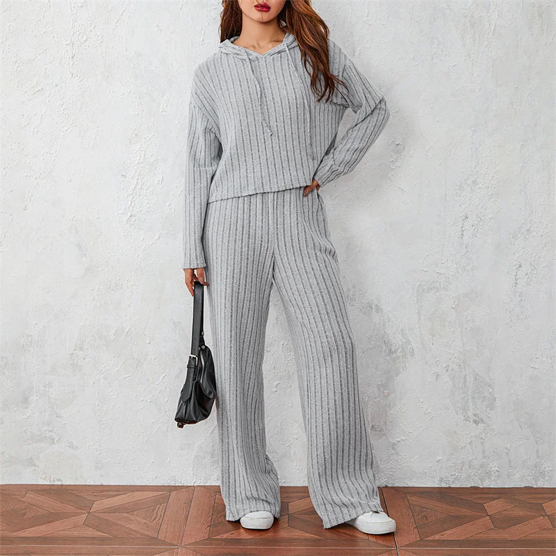 Fall Spring Outfits Women Rib Knitted 2Pcs Solid Long Sleeve Hoodies Tops Sweater and Elastic Waist Pants Suit Casual Homewear