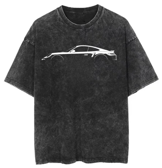 

2025 retro washed old heavy cotton solid color short-sleeved 911 Turbo S Coupe Cabriolet (992) Logo summer loose top tide