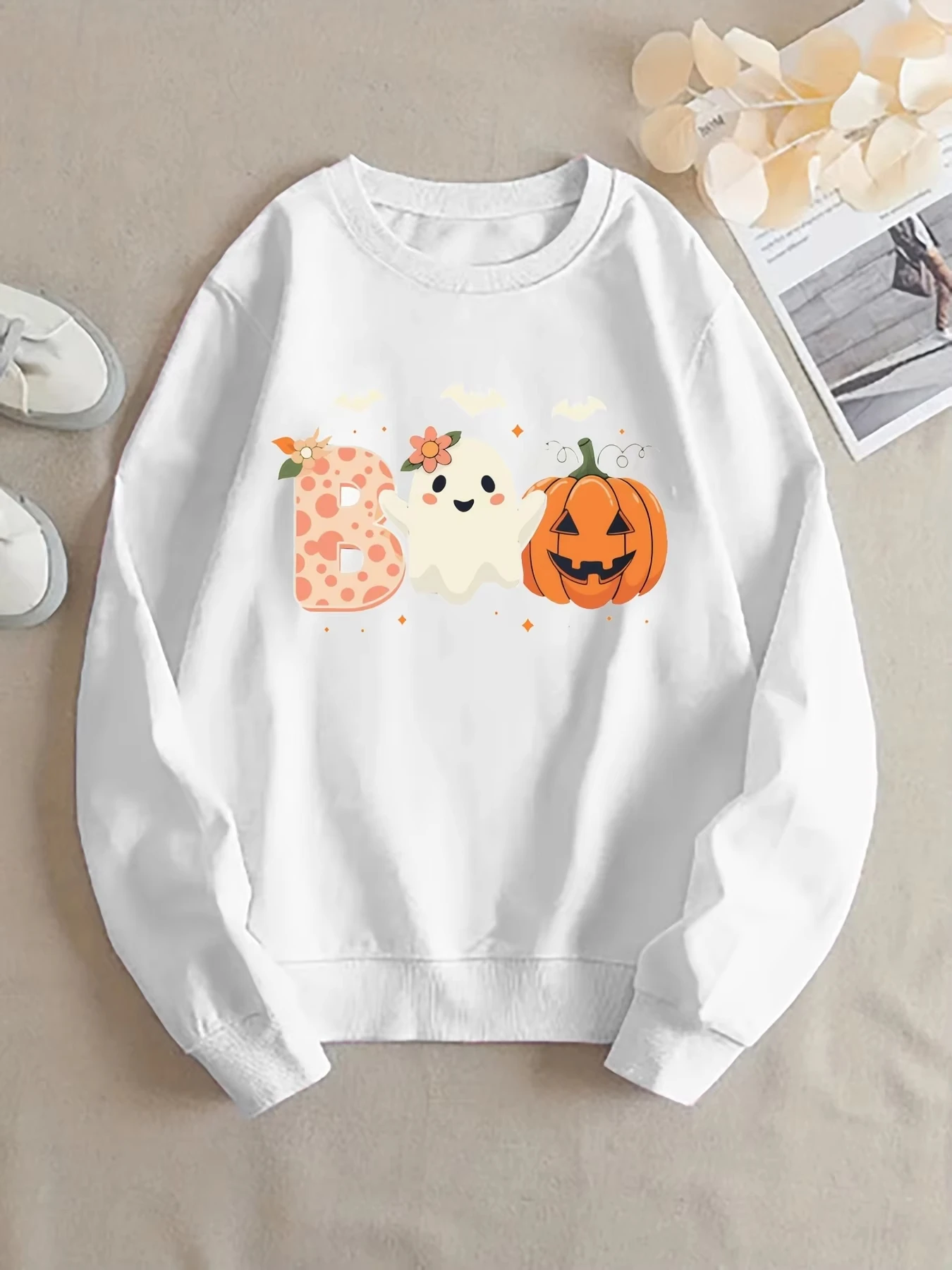 Kapuzenpullover mit Geistermuster, geeignet für Damen, Halloween-Stil, Herbst-Winter-Mode, bequem, Rundhalsausschnitt, Freizeitkleidung