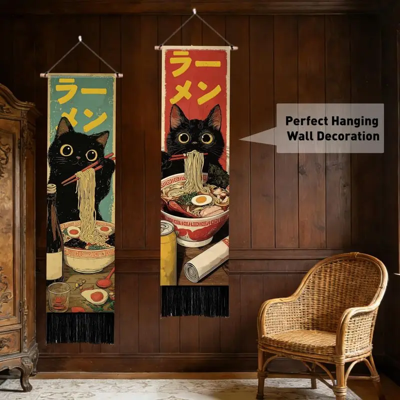 VIKAMA Japanese Retro Long Tassel Tapestry Black Cat Eating Ramen Wall Hanging Anime Style Kitchen Cafe Bedroom Dorm Wall Decor