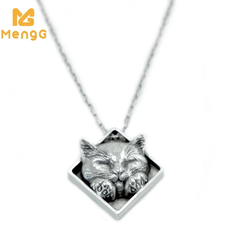 

MengG Real S925 Sterling Silver Cat Necklace Basso-relievo Pendant Gift Original Design Handmade Personality Fine Jewelry