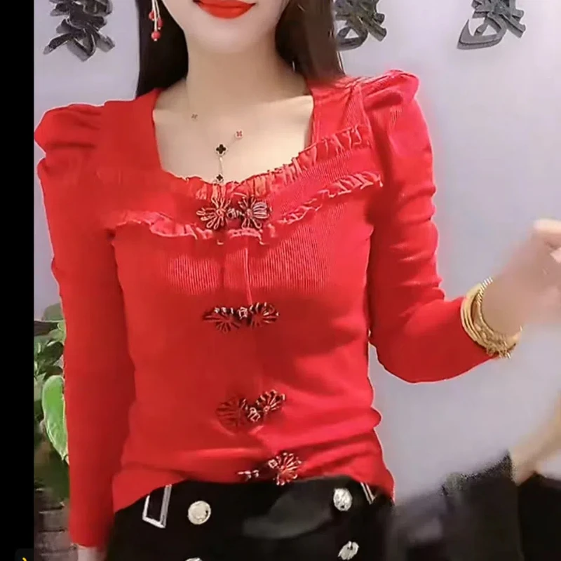 

Ethnic Style Tops for Women 2025 Spring and Autumn New Year Wear Plate Buckle Slim Fit Retro Bottoming Shirt Trendy