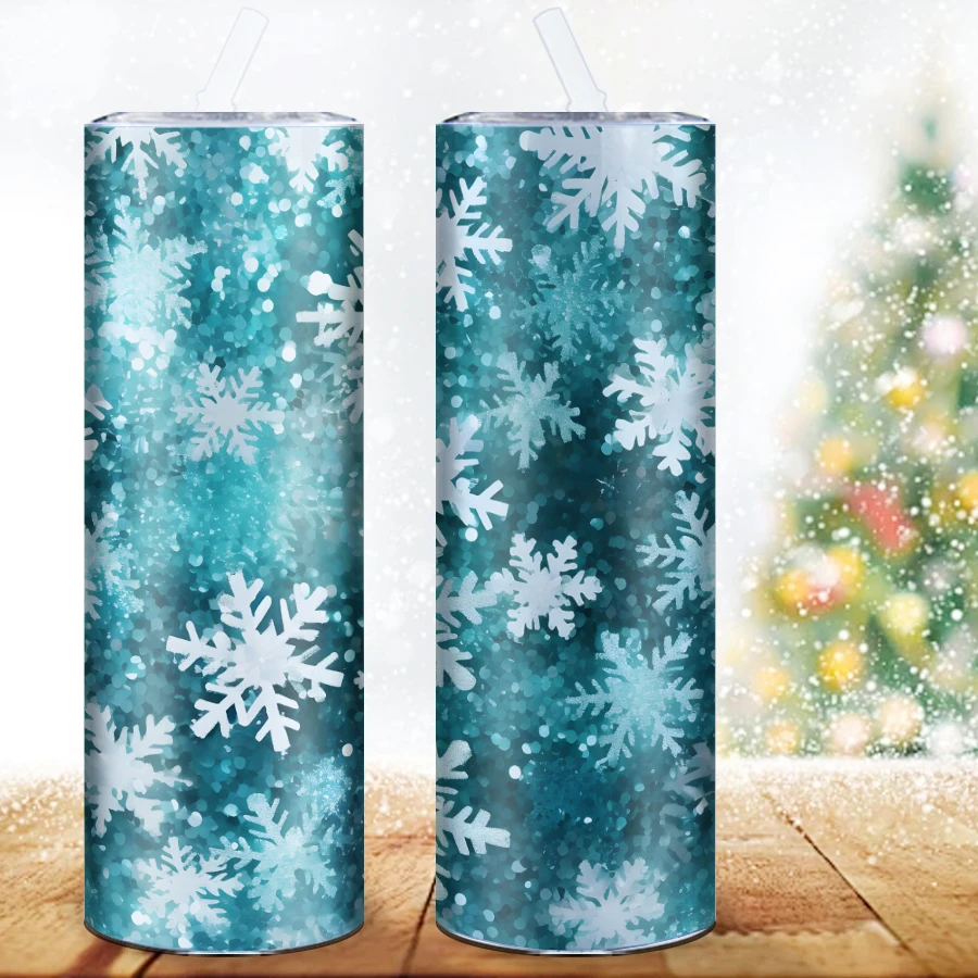 20oz Xmas Coffee Mugs Straw Lid 1Pc Stainless Straight Water Bottle 3D Snowflake Print Christmas Outdoor Portable Travel Cups