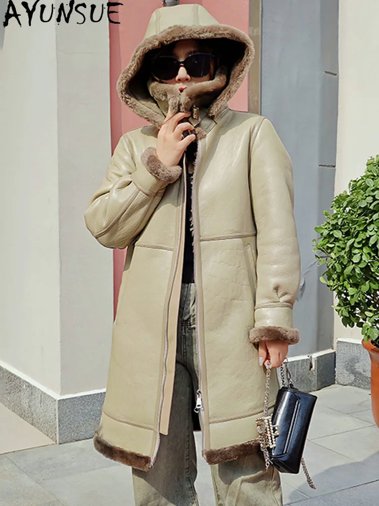 AYUNSUE 천연 양피 모피 코트 여성 정품 가죽 자켓 중간 길이 겨울 자켓 2025 럭셔리 의류 여성 루즈 피트