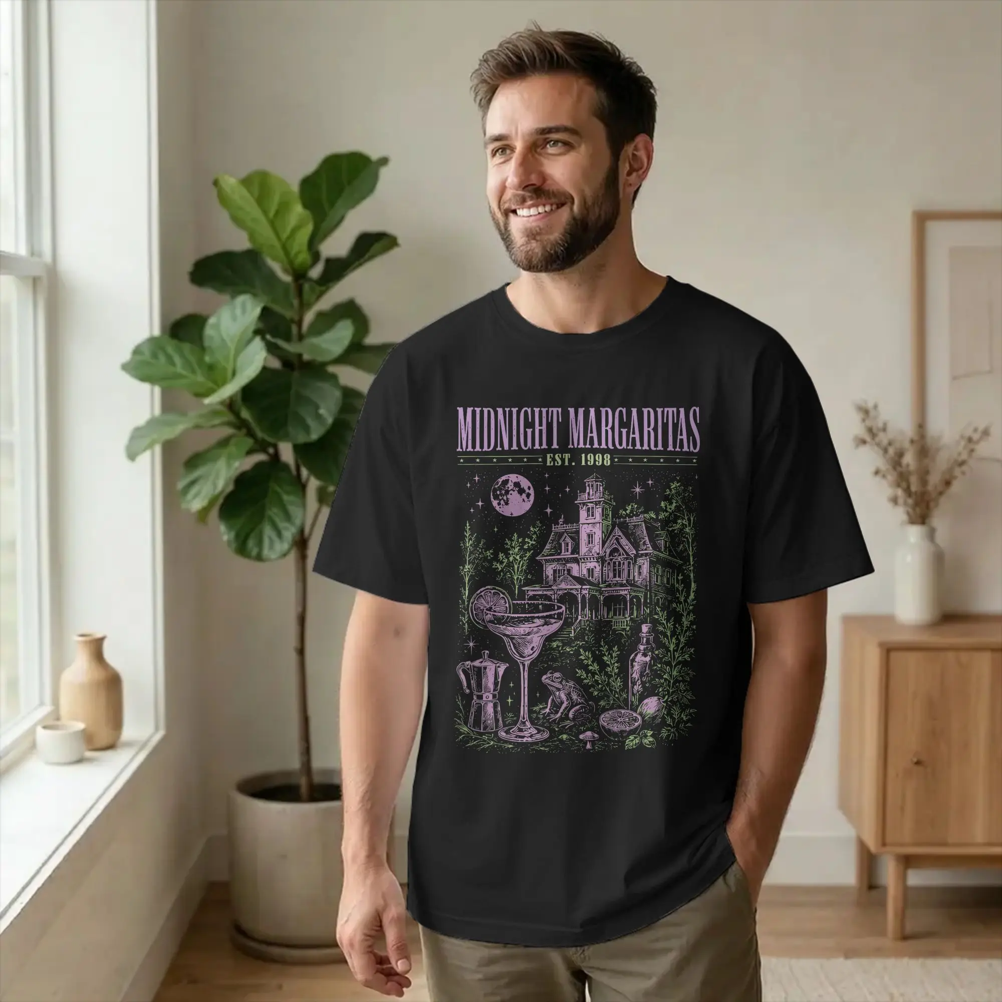 Midnight Margaritas Halloween Men T Shirts Magic Witch Drinking Tees Short Sleeve Crew Neck T-Shirt 100% Cotton Gift merchandise