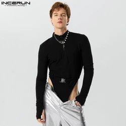 Sexy Fashion Style New Mens Jumpsuits Metal Buckle Design Thimble Bodysuits Casual Solid Long Sleeved Rompers S-3XL INCERUN 2023