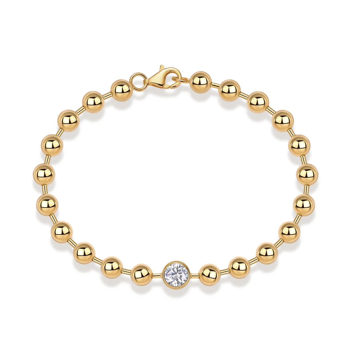 Starburst Gold Plated Beaded Bracelet with Round CZ, "Center Spark" Adjustable Light Luxury Daily Stackable Jewelry Gift for Her