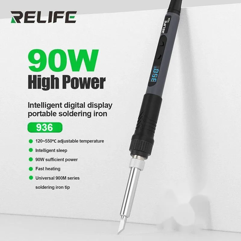 RELIFE 936 90W Intelligent Digital Display Portable Soldering Iron 120~550℃ Adjustable Supports 900M Series Soldering Iron Tips