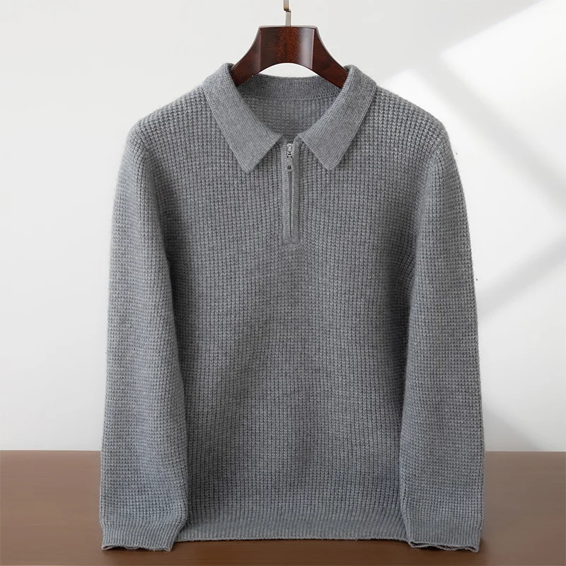 Men's Polo Collar Half-Zip Long-Sleeve 100% Cashmere Business Casual Classic Pullover Autumn Winter Versatile Minimalist Knit