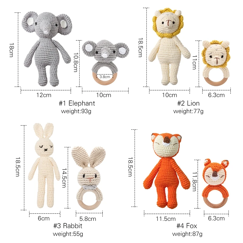 Ensemble de 2 hochets en Crochet pour bébé, poupée en peluche, jouet en bois, anneau de dentition, rongeur, gymnastique, jouet éducatif Mobile pour nouveau-né