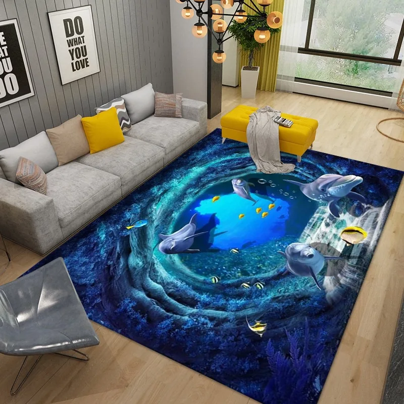 3D Landscape Living Room Area Rug Ocean Beach Dolphins Bedroom Carpet Crystal Velvet Kitchen Bathroom Mat Non-slip Doormat