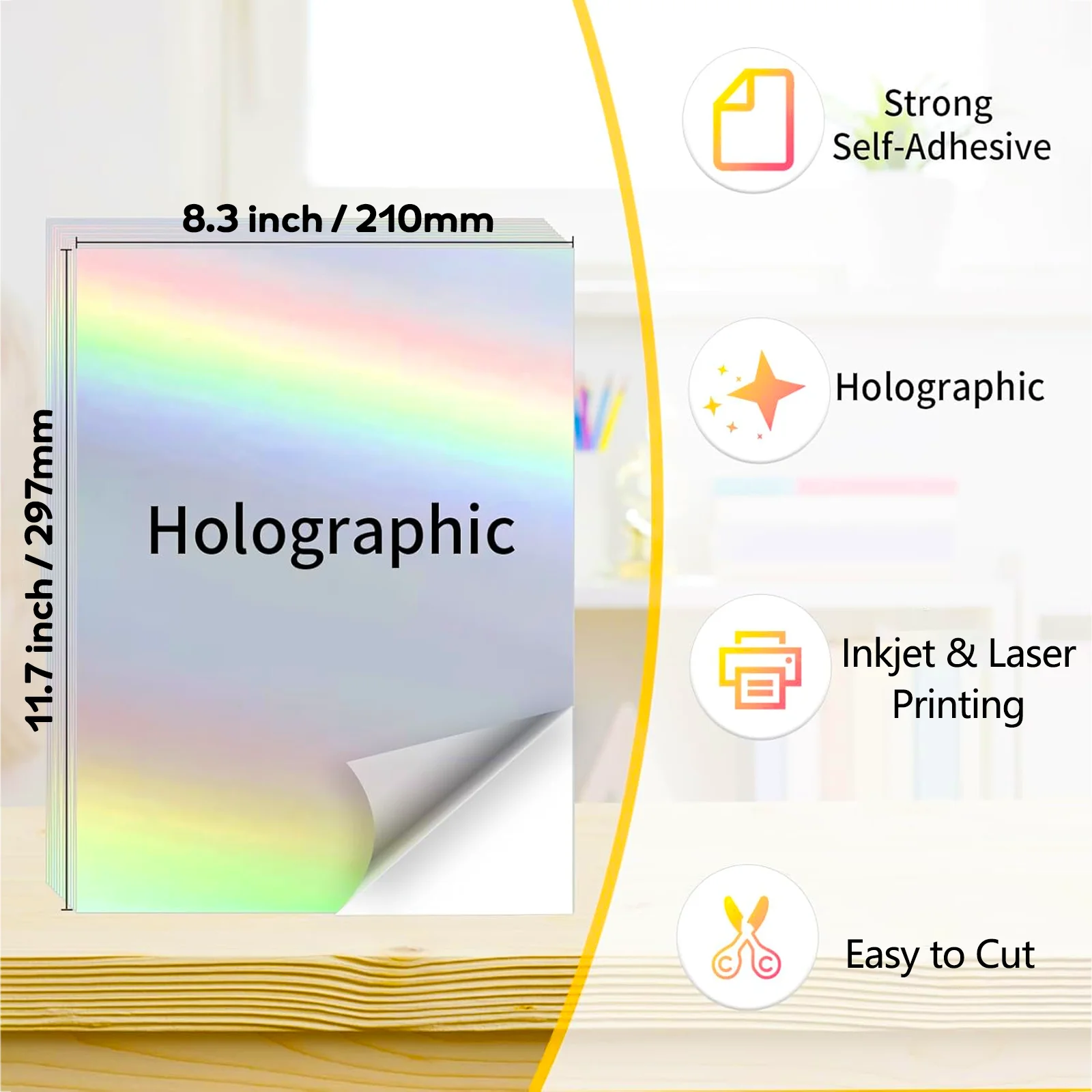 20 Sheets A4 Holographic Rainbow Vinyl Stickers Paper 8.3x11.7 Inch Waterproof Self-Adhesive for Inkjet & Laser Printing