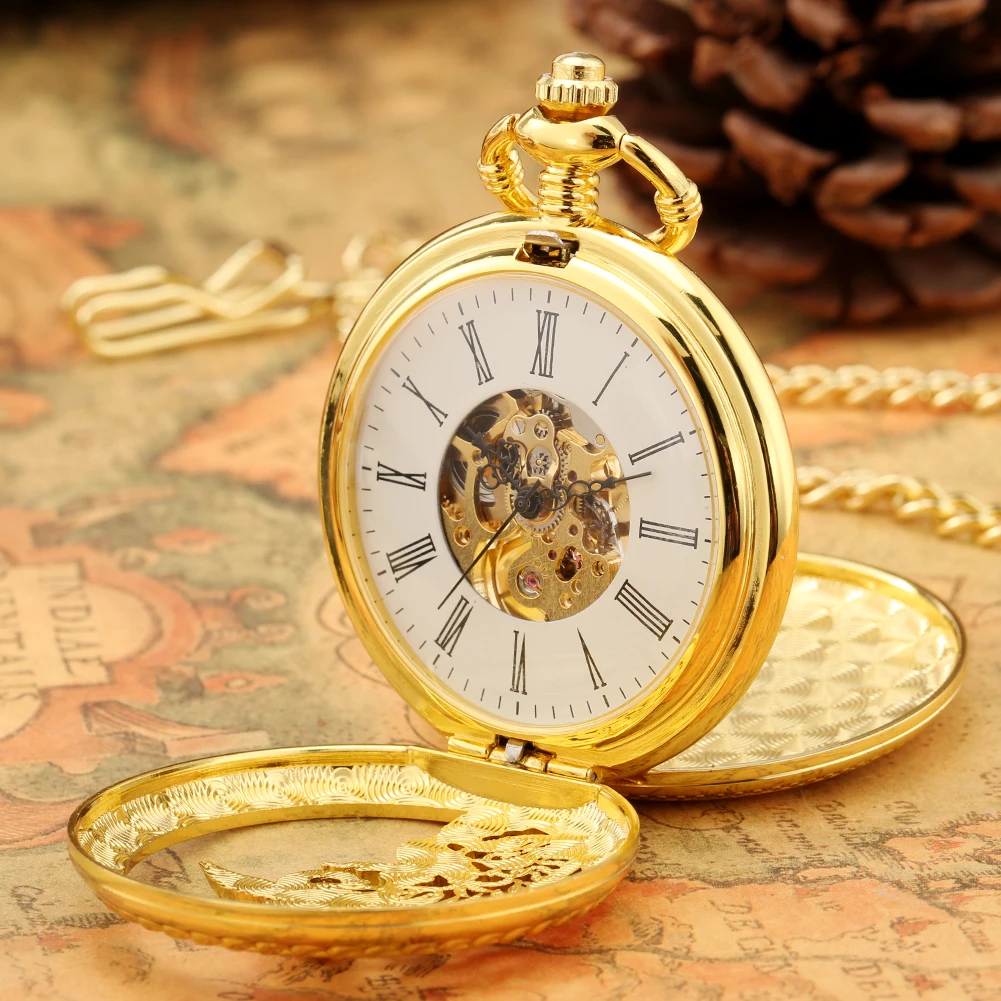 Gold Phoenix Hollow Mechanical Pocket Watch Fob Chain Classic Roman Numerals Dial Half Hunter Pendant Manual Mechanical Clock