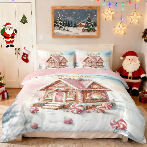 3pcs pink romantic Christmas cottage Merry Christmas print choreless bedding set multi size bedroom bedding holiday decoration