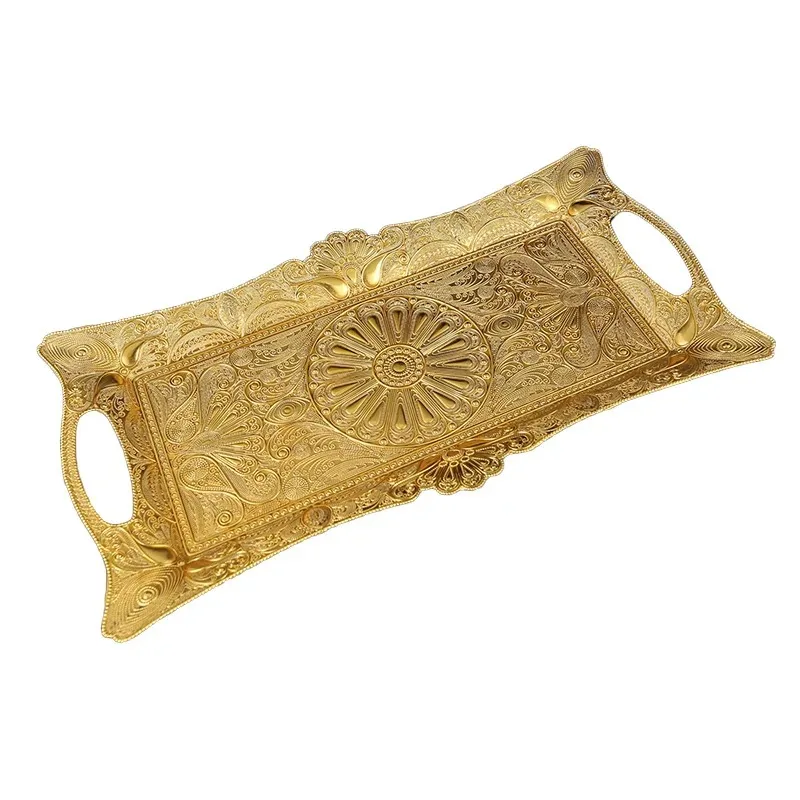 Luxury Gold Metal Tray | European Royal Style Peacock Engraving Rectangular Serving Tray