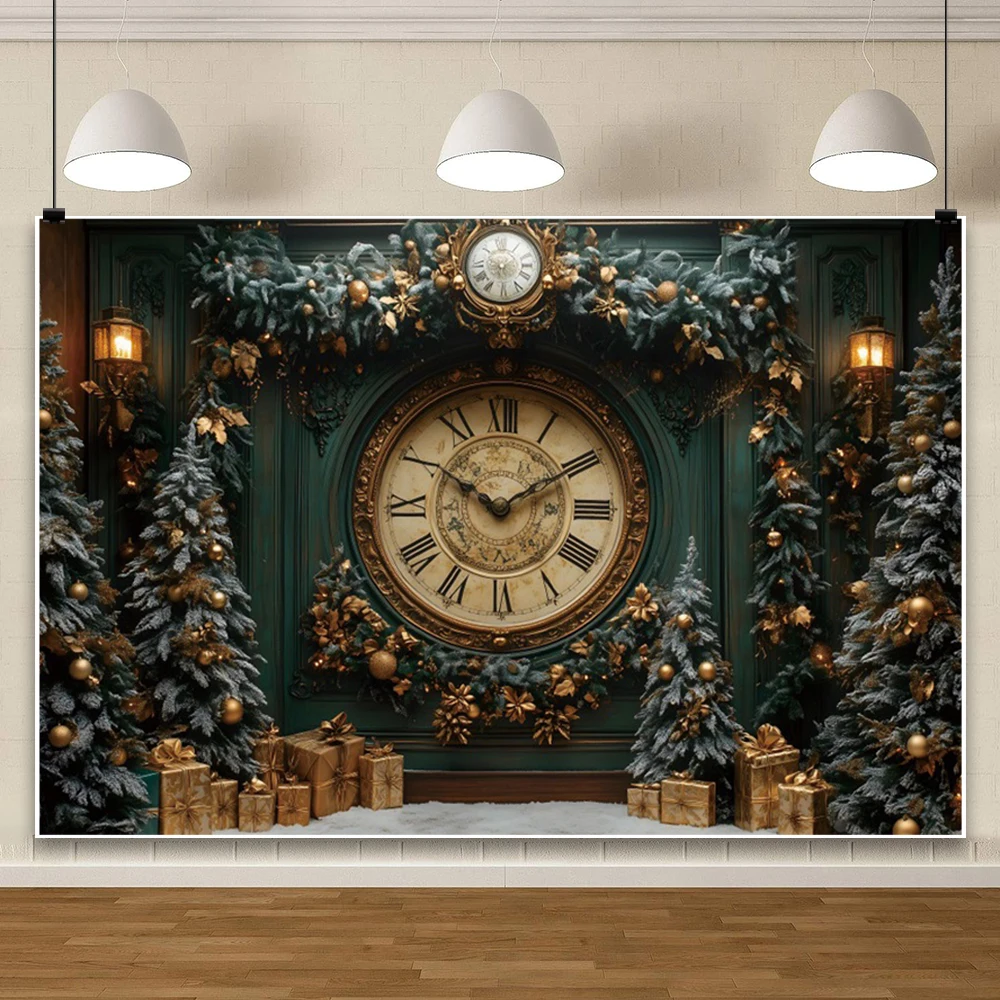 Christmas Giant Clock Photography Background Merry Christmas Xmas Tree Gifts Green Backdrop Family Home Party Photocall Banner