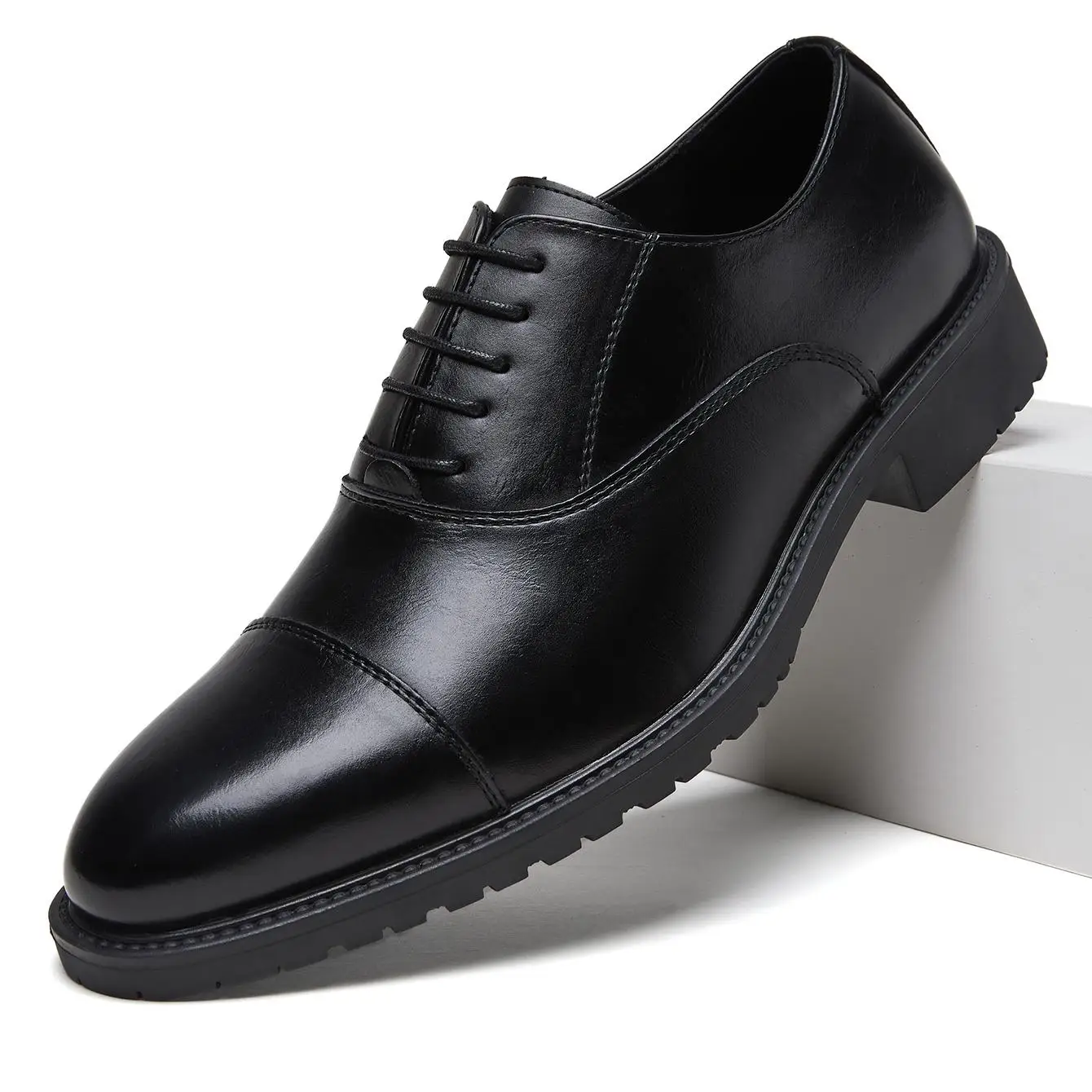 

Men Leather Cap Toe Oxford Dress Shoes Lace Up Thick Non Slip Sole For Business Office Wedding And Daily Formal Occasions