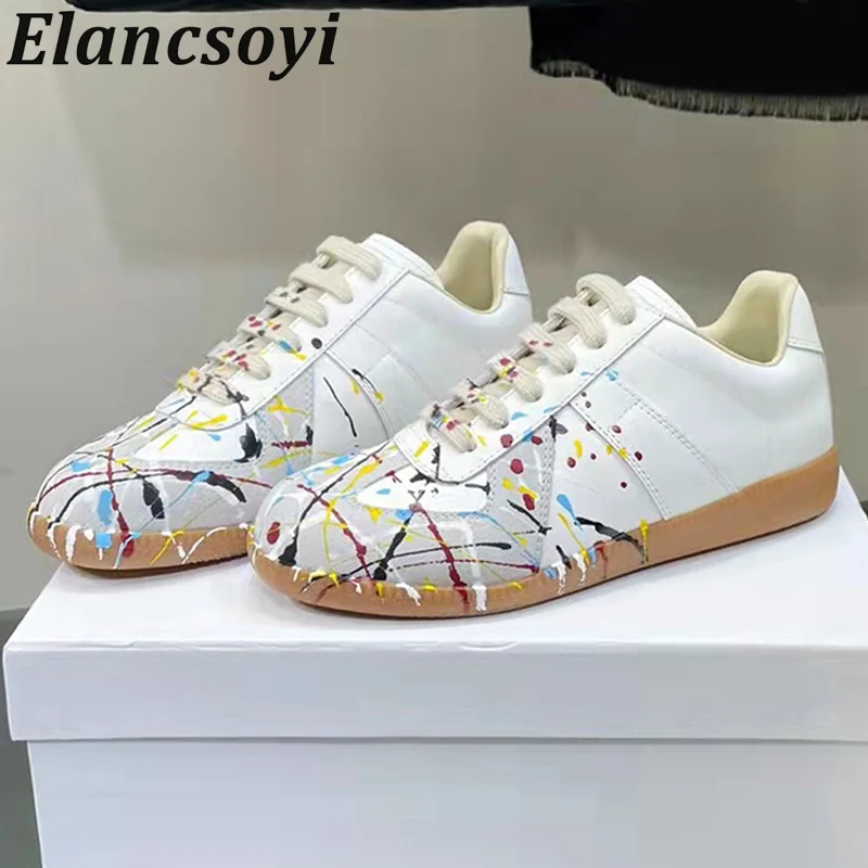 

Genuine Leather Graffiti Flat Casual Shoes Thick Soled Mixed Color Lace Up Breathable Sneakers Spring Autumn Tennis Shoes Unisex