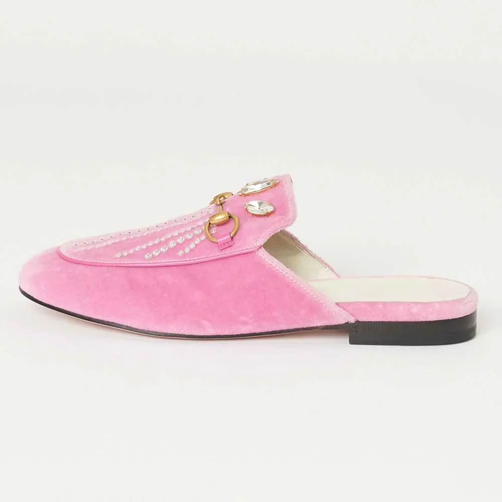 

Pink Velvet Crystal Embellished Mule Loafers with Gold Hardware Decor