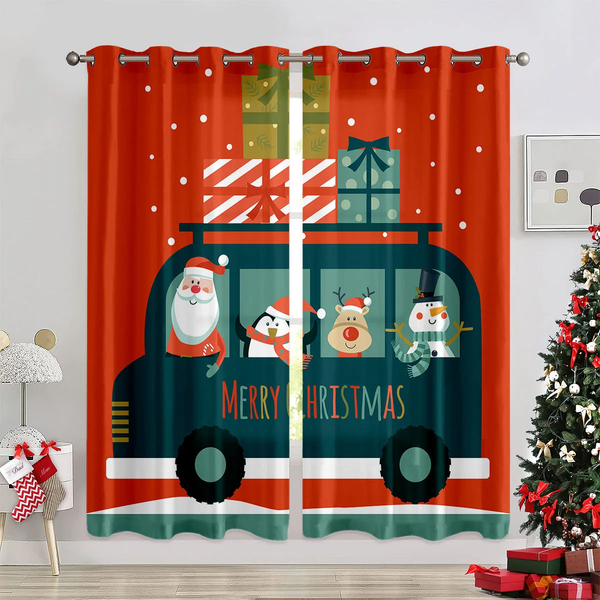 2pcs Curtains Featuring A Cartoon Christmas Bus Print—Festive Window Decor For Children's Rooms, A New Year's Gift.