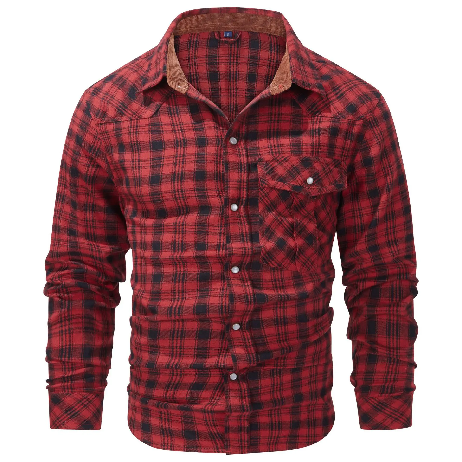 Luxury and fashionable men\'s plus size plaid flannel shirt with retro pearl button Western style long sleeved shirt jacket