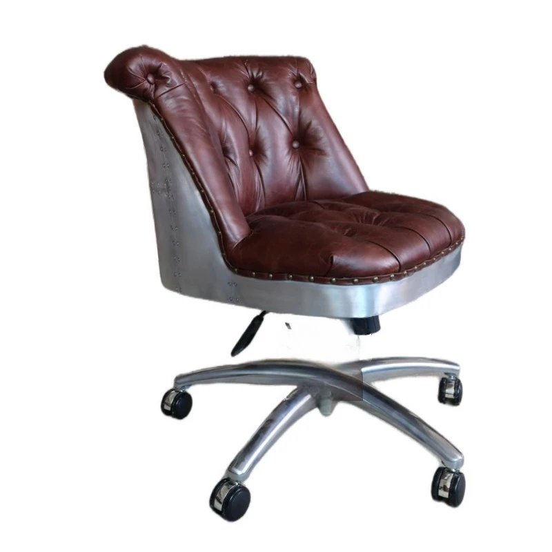 Antique swivel chair first layer cowhide office chair rotating metal aluminum sheet stainless steel chassis