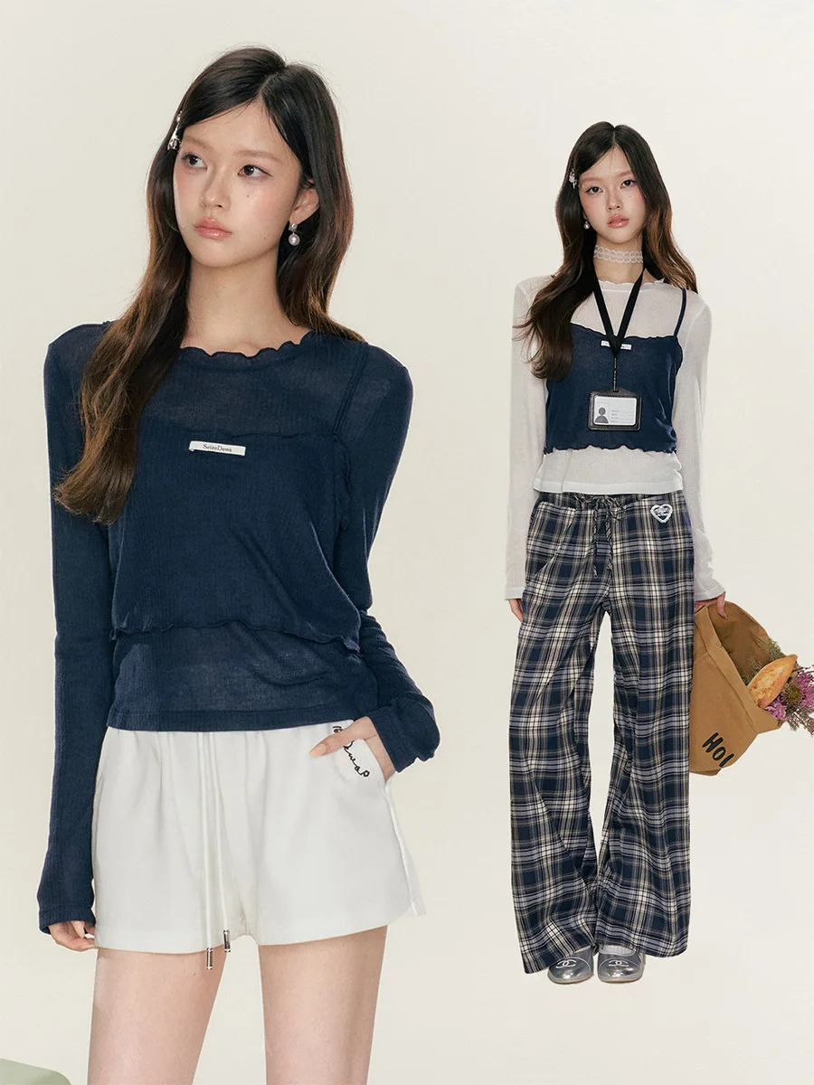 

16DEWS Sweet Style Fashionable Set Women's Base Layer Long Sleeve Top Two-Piece Set Cool Trendy Look Polyester Blend