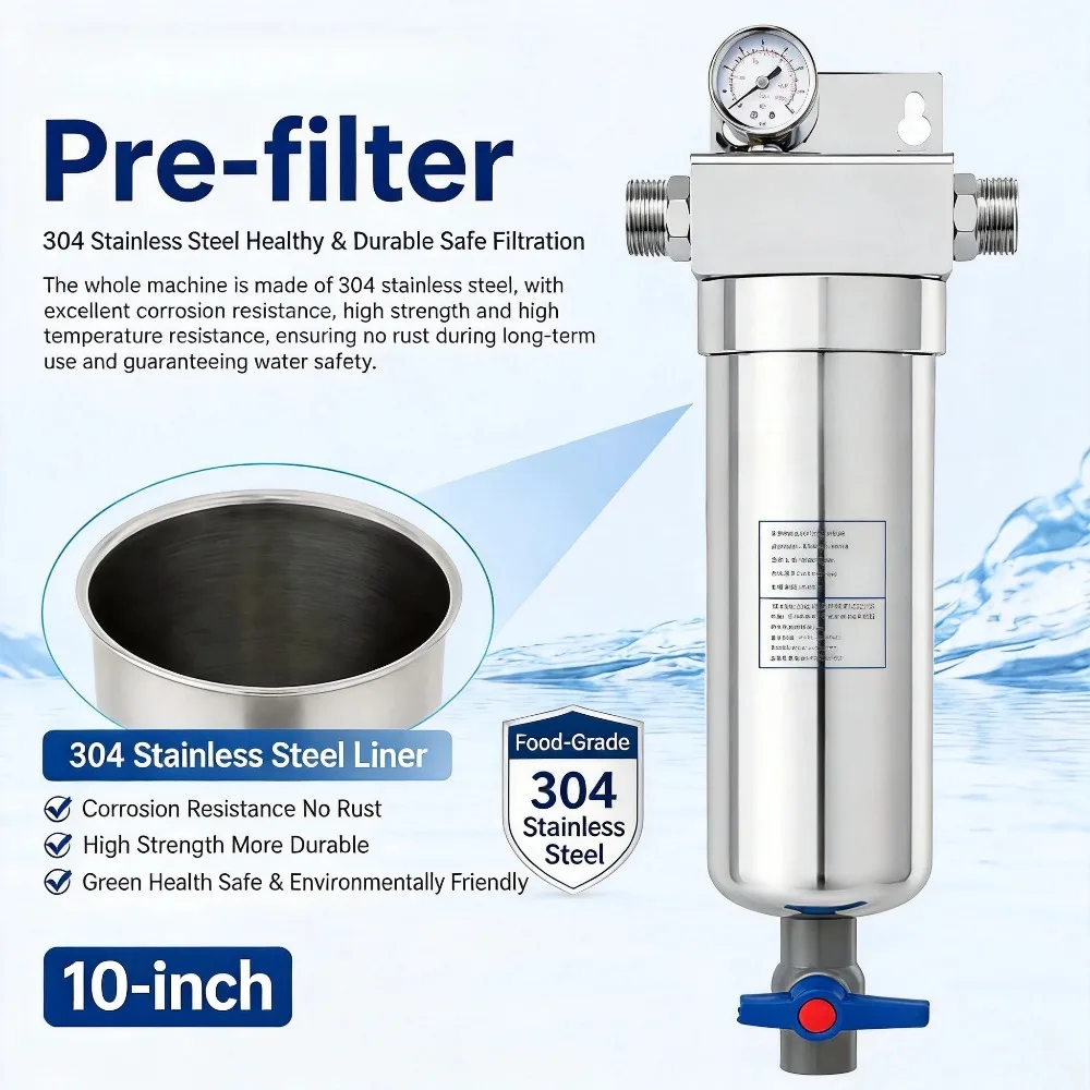 10 Inch Pre Filter Household Well Water Whole House Water Purifier, 304 Stainless Steel High Flow Backwashing Water Filter