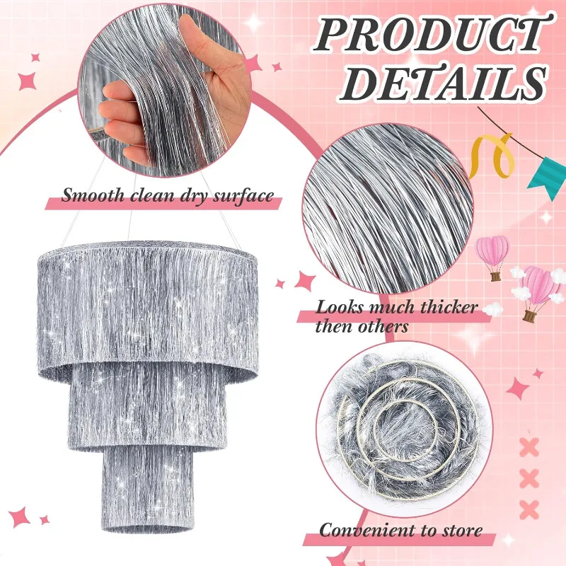 3-Tier Silver Foil Fringe Tinsel Chandelier Hanging Shimmering Decoration for Birthday Bachelorette Wedding New Year Decorations