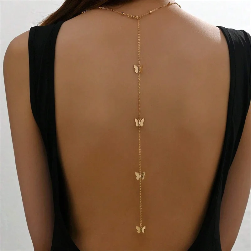 New Butterfly Back Drop Chain Necklace For Women Elegant Long Backless Tassel Necklace Wedding Beach Party Vacation Jewelry